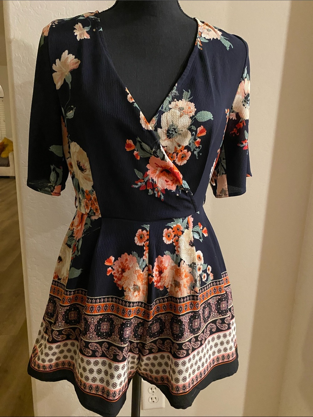 Three Hearts Navy Floral Dress with Orange & Cream Accents